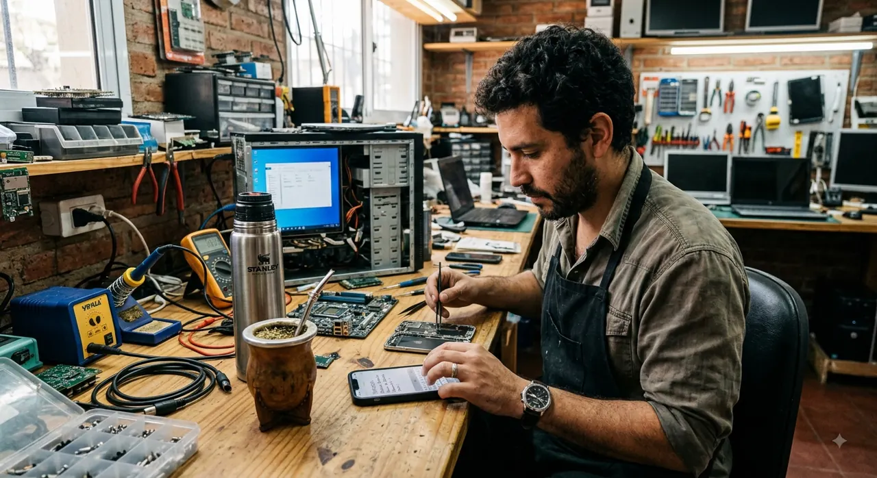Técnico reparando la placa de un celular en su banco de trabajo, con el mate al lado.