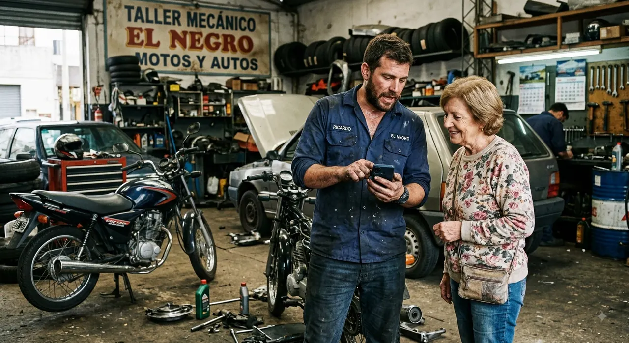 Mecánico de un taller mostrándole el estado de la reparación a una clienta en el celular.