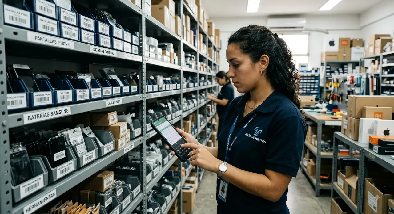 Empleada de un depósito de repuestos revisando el stock de las cajas desde el celular.